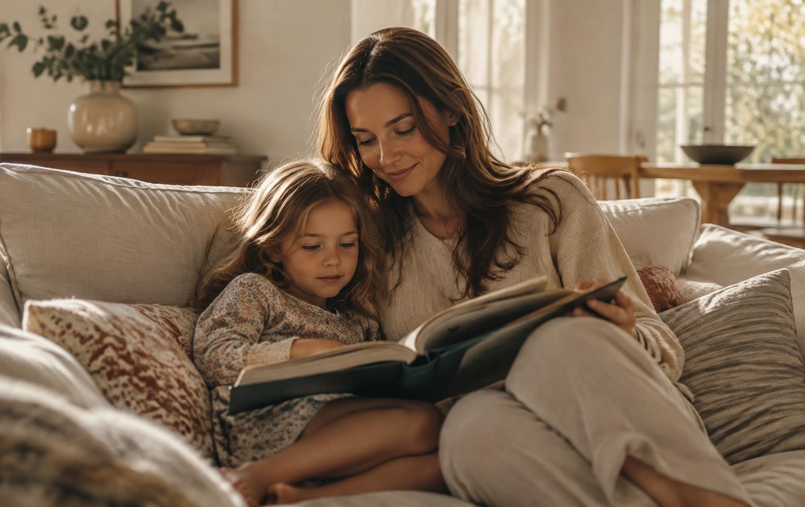 A mother and her young daughter reading together on a linen sofa in warm afternoon light