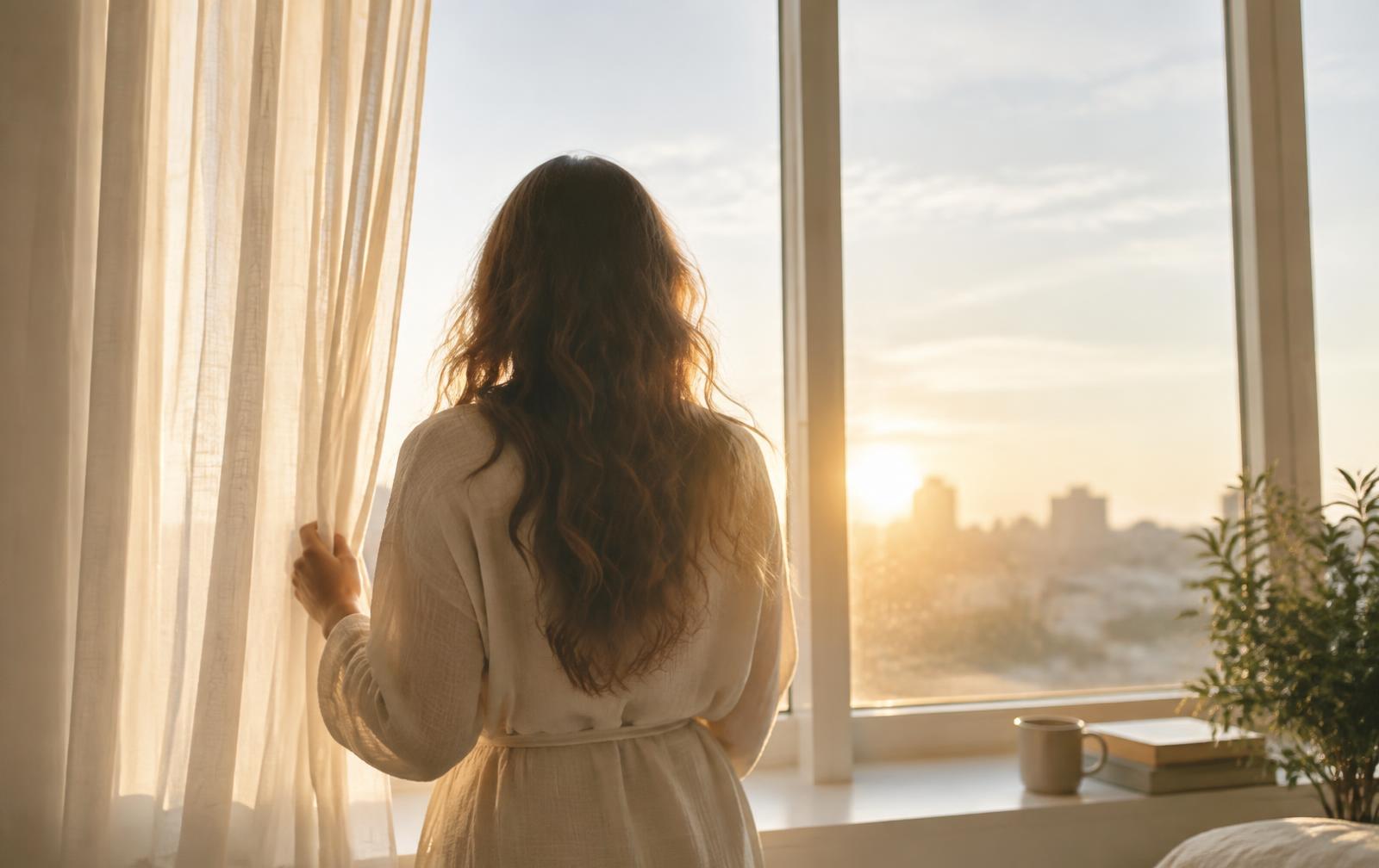 A woman standing at a bright window at sunrise, opening sheer curtains to the morning light