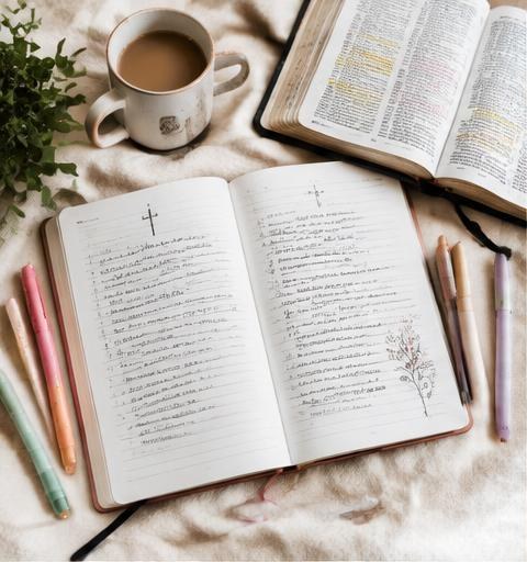 Open Christian journal beside a Bible, pen, and soft pink flowers
