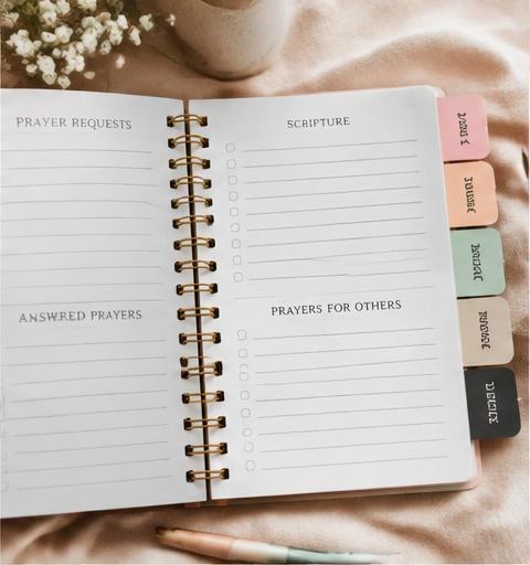 Bible study notes, highlighters, and journal arranged on a wooden table