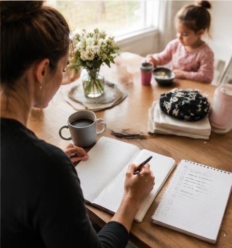 Open Bible and journal with handwritten Scripture notes in calm morning light