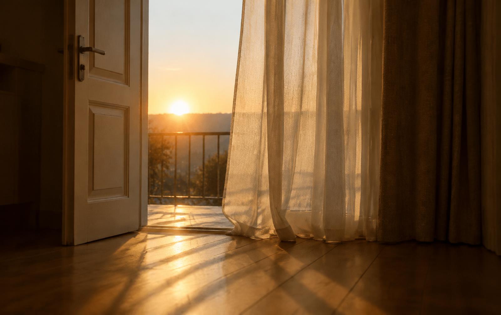 An open doorway with golden sunrise light spilling across a wooden floor