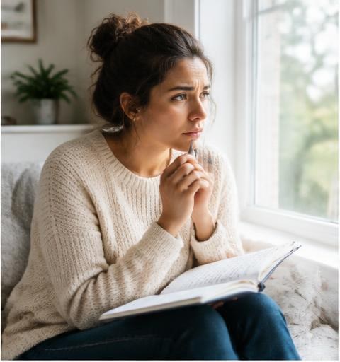 A woman sitting by a bright window with an open journal, pausing to pray