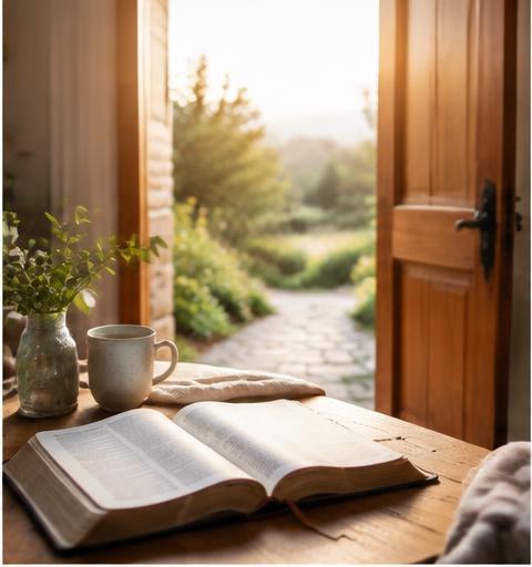 An open Bible on a table beside a sunlit doorway leading outdoors