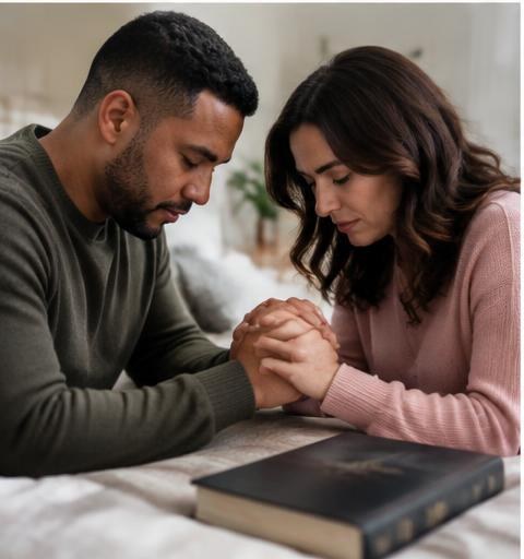 A married couple holding hands in prayer beside a closed Bible