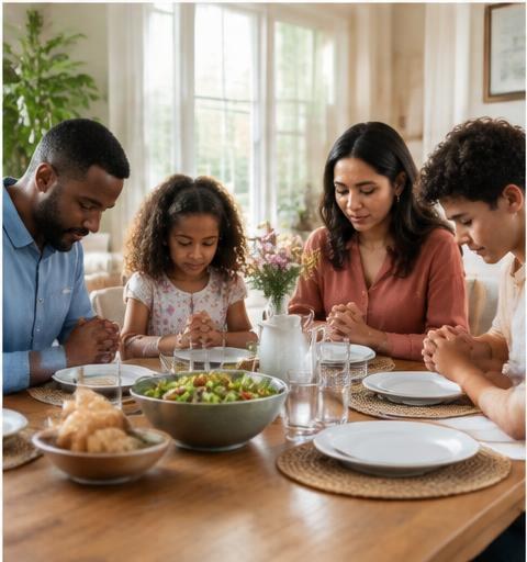 A family gathered around the dinner table with heads bowed in prayer