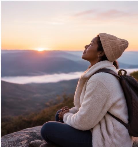 A woman sitting quietly at sunrise with mountains in the distance