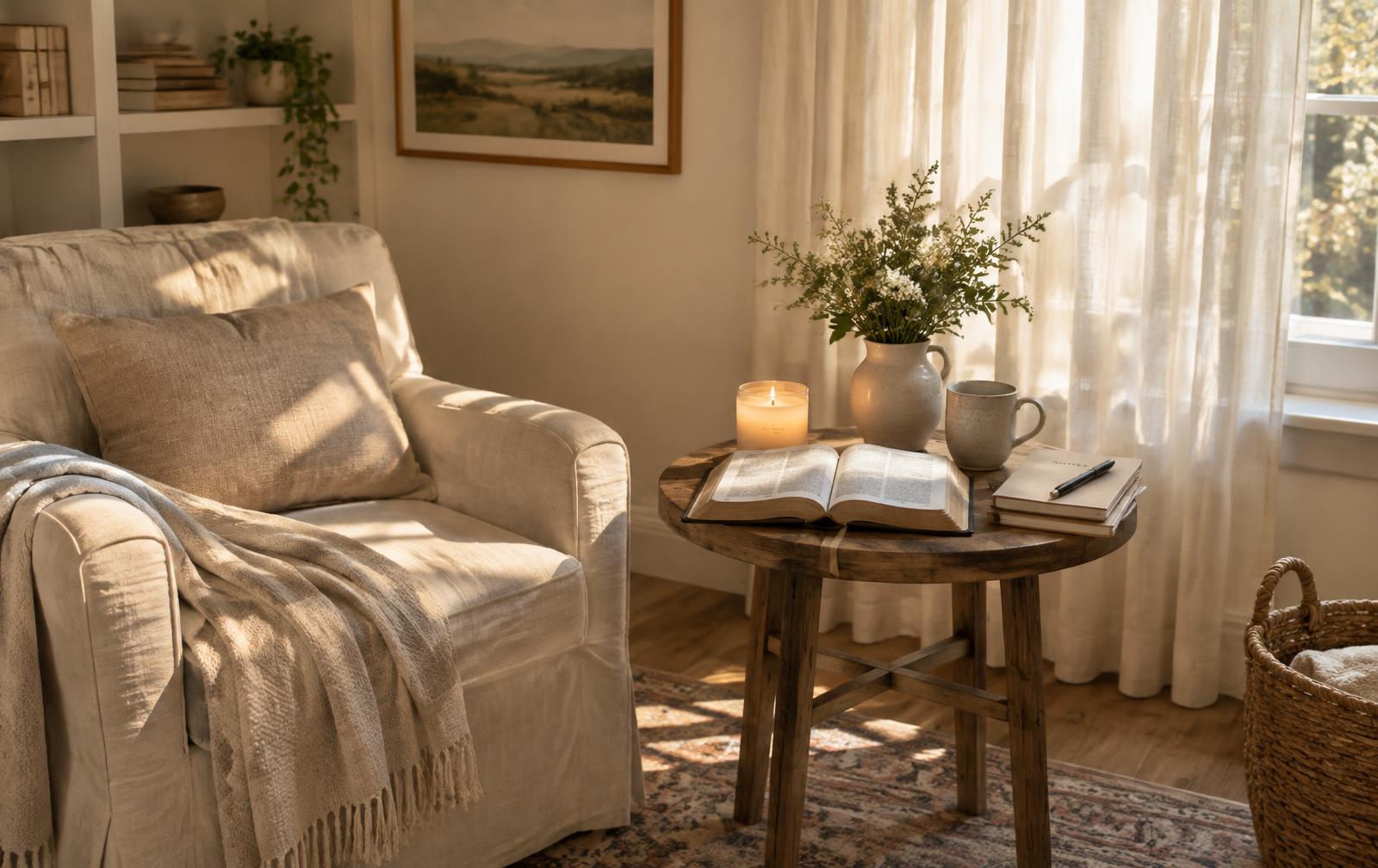A quiet prayer corner at home with a linen armchair, an open Bible, a candle and a journal in warm morning light