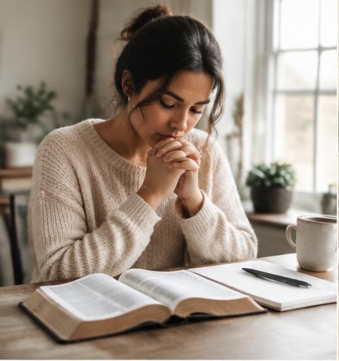 A woman praying at a table with an open Bible, journal, and coffee