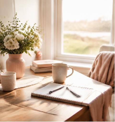 A peaceful morning desk with an open journal, flowers, and sunlight